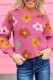 Pink Sweet Flower Knitted Ribbed Hem Sweater