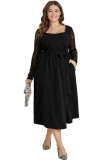 Black Plus Size Sheer Lace Sleeve Belted Ruffle Midi Dress