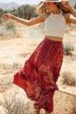 Red Bohemian Mix Print Long Flared Skirt