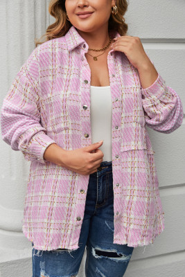 Pink Plus Size Tweed Plaid Houndstooth Print Jacket