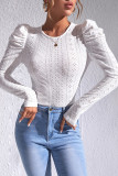 White Jacquard Textured Puff Sleeve O-Neck Top