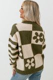 Green Checkered Floral Print Striped Sleeve Sweater