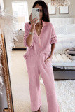 Pink Ribbed Knit Collared Henley Top and Pants Lounge Outfit