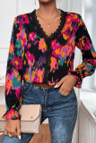 Black Abstract Printed Flounce Sleeve Lace V-Neck Blouse