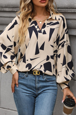 Apricot Printed V Neck Turn Down Collar Blouse