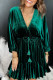 Green V-Neck Bracelet Sleeve Drawstring Ruffled Velvet Dress