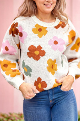 Bright White Plus Size Flower Pattern Ribbed Trim Casual Sweater