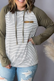 Green Striped Raglan Sleeve Buttoned Pocket Plus Size Hoodie