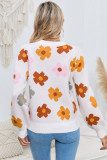 Bright White Plus Size Flower Pattern Ribbed Trim Casual Sweater