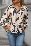 Apricot Printed V Neck Turn Down Collar Blouse