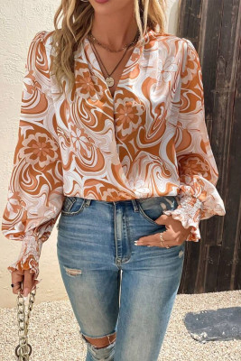 Orange Floral Swirl Printed Bishop Sleeve Surplice Blouse