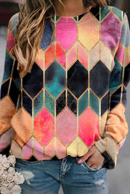 Multicolor Diamond Print Long Sleeves Top