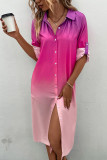 Pink Gradient Color Button Up Shirt Midi Dress