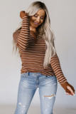Brown Thumbhole Sleeve Striped Henley Top