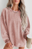 Pink Solid Ribbed Knit Round Neck Pullover Sweatshirt