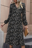 Black V Neck Printing Split Dress 