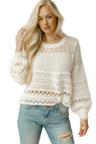 White Solid Color Pointelle Knit Puff Sleeve Sweater