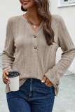 Plain Texture V Neck Buttoned Long Sleeves Top