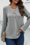 Plain Texture V Neck Buttoned Long Sleeves Top