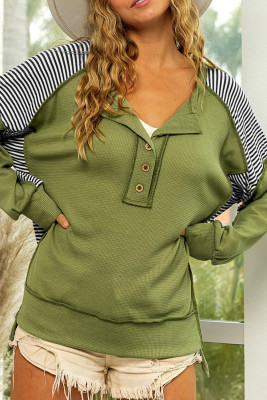 Green Striped Patch Exposed Seam Henley Sweatshirt