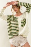 Khaki Striped Patch Textured Fabric Long Sleeve Top