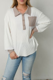 White Contrast Trim Buttons Collared Neck Ribbed Knit Top