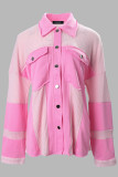 Pink Colorblock Waffle Patchwork Pocketed Shacket