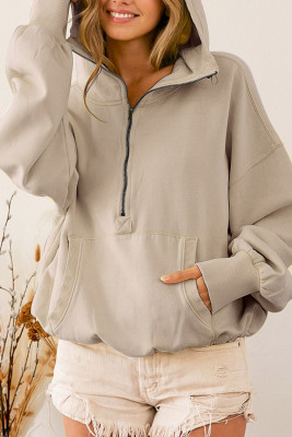 Gray Ribbed Trim Kangaroo Pocket Zipped Hoodie