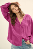Rose Solid Color Jacquard Puff Sleeve Button up Shirt