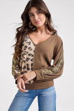 Brown Leopard Splicing Waffle Knit V Neck Top