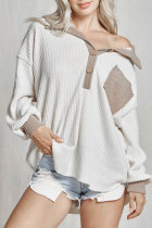 White Contrast Trim Buttons Collared Neck Ribbed Knit Top