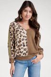 Brown Leopard Splicing Waffle Knit V Neck Top