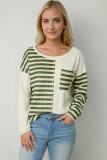Khaki Striped Patch Textured Fabric Long Sleeve Top