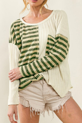 Khaki Striped Patch Textured Fabric Long Sleeve Top