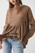Brown Solid Color Ribbed Long Sleeve Peplum Blouse