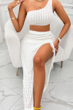White Texture One Shoulder Crop Tank Top With Ruched Skirt 2pcs Set Boutique Clothes Wholesale