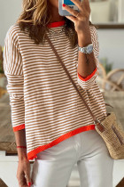 Brown Contrast Trimmed Striped Drop Shoulder Sweater