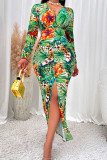 V Neck Tropical Floral Print Split Maxi Dress
