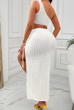 White Texture One Shoulder Crop Tank Top With Ruched Skirt 2pcs Set Boutique Clothes Wholesale