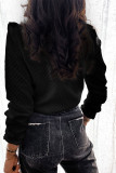 Black Quilted Ruffled Buttons Crew Neck Shirt