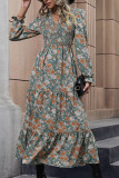 Wholesale Boutique Green Floral Print V Neck Smocked Ruffles Maxi Dress