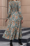 Wholesale Boutique Green Floral Print V Neck Smocked Ruffles Maxi Dress