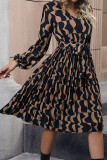 Brown Printed V Neck Pleated Dress With Sash
