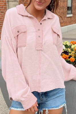 Pink Long Sleeve Flap Pocket Henley Top