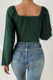 Blackish Green Solid Bubble Sleeve U-Neck Ruched Bodysuit