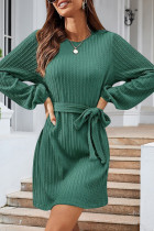 Tie Waist Cable Puff Sleeves Mini Dress 