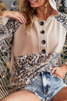 Leopard Print Buttoned Neckline Raglan Sleeve Hoodie