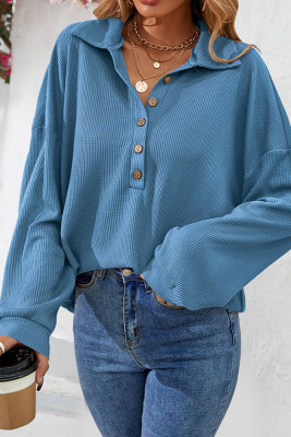 Turndown Collar Button Waffle Top 