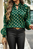 Green Twisted Mock Neck Cut out Dotted Bishop Sleeve Blouse
