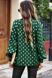 Green Twisted Mock Neck Cut out Dotted Bishop Sleeve Blouse